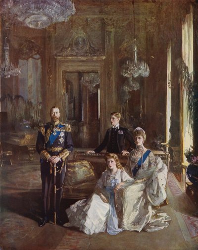 Rey Jorge V, Reina María, el Príncipe de Gales y la Princesa María en el Salón Blanco, Palacio de Buckingham, Londres, 1913 de John Lavery