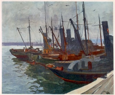 Barredores de minas en el puerto, de Artistas Británicos en el Frente, Continuación del Frente Occidental, 1918 de John Lavery