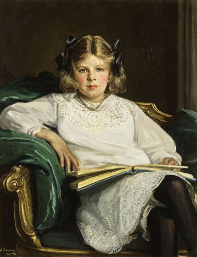 Retrato de Betty, sentada tres cuartos de cuerpo, leyendo un libro de John Lavery