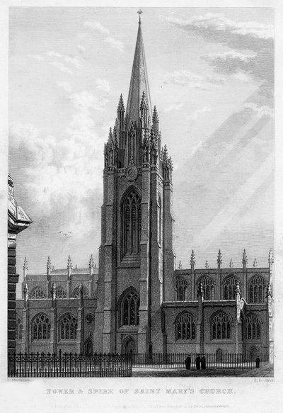 Torre y aguja de la Iglesia de Santa María, Oxford, 1833 de John Le Keux