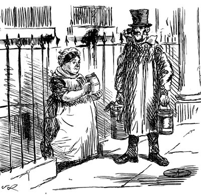 Caricatura en la que se comenta la dilución de la leche, que ha alcanzado tales proporciones que se ha tenido que legislar para frenarla. Ilustrada por John Leech (1817-1864), caricaturista e ilustrador inglés. de John Leech