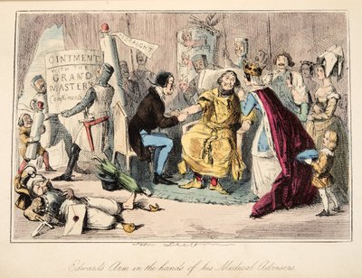 El brazo de Eduardo en manos de sus asesores médicos, de The Comic History of England, pub. 1864 (grabado coloreado a mano) de John Leech