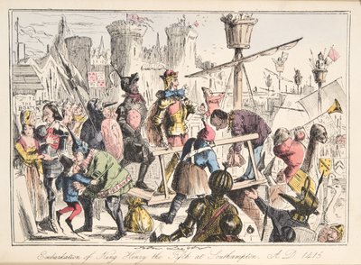 Embarque de Enrique V en Southampton, AD 1415, de The Comic History of England, pub. 1864 de John Leech
