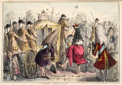 Georgey Porgey el Primero saliendo a pasear en su carroza de estado, de The Comic History of England, pub. 1864 de John Leech