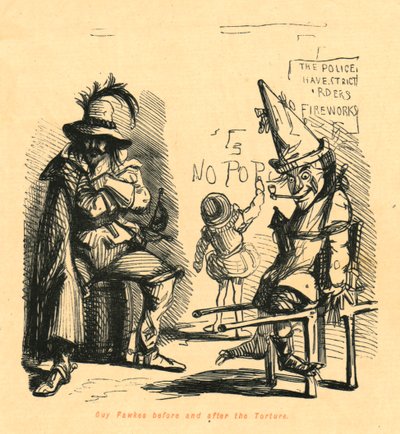 Guy Fawkes antes y después de la tortura, 1897 de John Leech