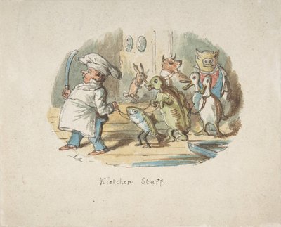Personal de Cocina (recto), Paisaje Montañoso con Excursionista (verso) de John Leech
