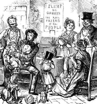 Los miembros de una familia de primera clase pasan tiempo juntos en una tienda de John Leech