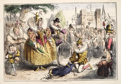 Reina Isabel y Sir Walter Raleigh, de La Historia Cómica de Inglaterra, pub. 1864 de John Leech
