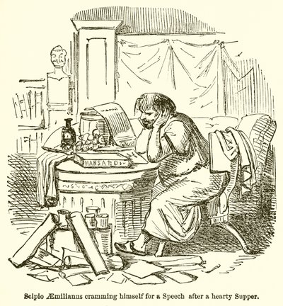 Escipión Emiliano Preparándose para un Discurso después de una Cena Abundante de John Leech