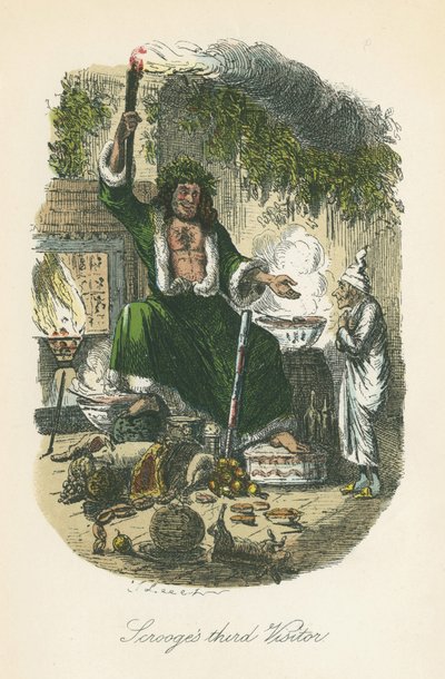 El Fantasma de la Navidad Presente se aparece a Scrooge. Ilustración de John Leech (1817-64) para Cuento de Navidad de Charles Dickens, Londres 1843-1834. de John Leech
