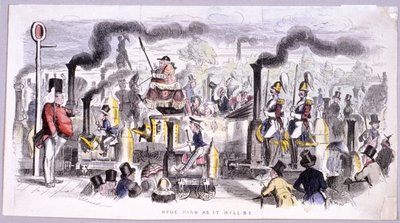 Vista de Hyde Park que satiriza la llegada de la locomotora de vapor, Londres, c1850 de John Leech