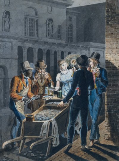 Vida nocturna en Filadelfia—un carrito de ostras frente al Teatro de Chestnut Street, 1811-ca. 1813 de John Lewis Krimmel