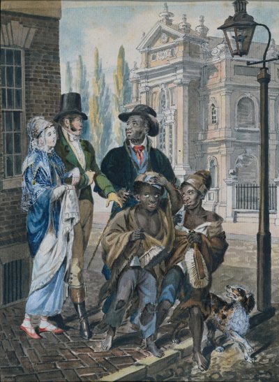 Gente mundana cuestionando a deshollinadores y su maestro frente a la Iglesia de Cristo, 1811-ca. 1813 de John Lewis Krimmel