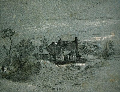 Una cabaña en un paisaje boscoso de John Linnell