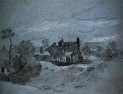 Una cabaña en un paisaje boscoso de John Linnell