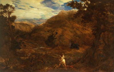 Un extenso paisaje boscoso montañoso con David y el león de John Linnell