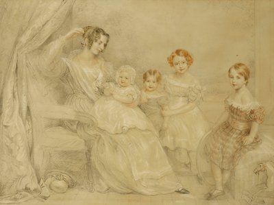 Retrato de la Sra. W.S. Fry y sus cuatro hijos: Emma, Willy, Julie y Georgina, sentados en un interior, 1840 de John Linnell
