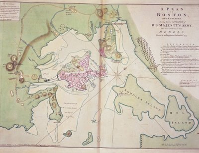Plano de Boston y sus alrededores que muestra la posición de las fuerzas británicas y las fuerzas rebeldes estadounidenses, dibujado en octubre de 1775, impreso en 