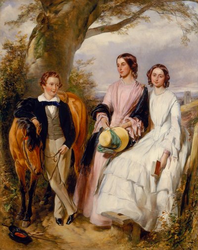Retrato grupal de dos mujeres, un niño y su potro (óleo sobre lienzo) de John Lucas