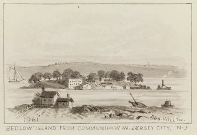 Isla Bedlow desde Communipaw Av., Jersey City, N.J., 1861 de John M. August Will