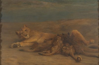 Una leona con cuatro cachorros lactantes, llamada "Amor de Madre". de John Macallan Swan