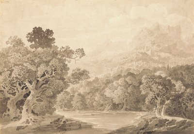 Orilla boscosa del río, pueblo de colinas y picos montañosos en la distancia de John Martin