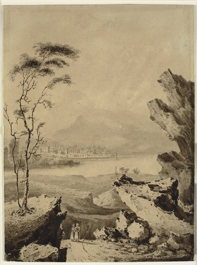 Paisaje italianizante con lago, y con ciudad y montañas en el fondo de John Martin