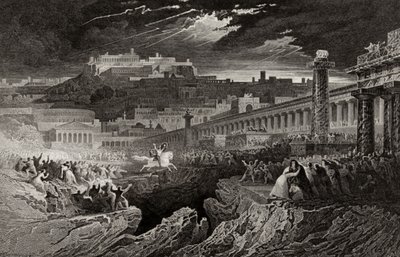 Marco Curcio cabalgando hacia el abismo, grabado por H. Le Keux de John Martin