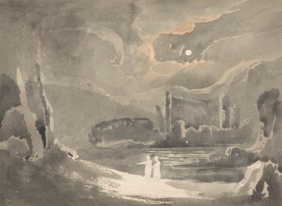 Paisaje iluminado por la luna con un castillo en ruinas de John Martin