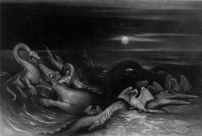 Plesiosaurio luchando contra Temnodontosaurus (Oligostinus), 1840 de John Martin