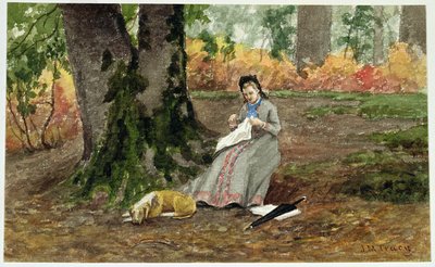 Mujer bordando bajo un árbol de John Martin Tracy