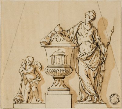 Diseño para un monumento funerario con el destino, putto y urna de John Michael Rysbrack