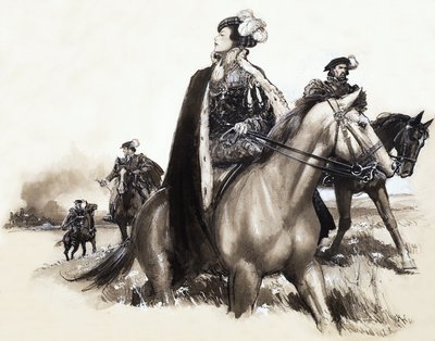 Una reina no identificada sale escoltada de una ciudad humeante de John Millar Watt