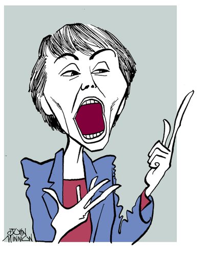 Camille Paglia - caricatura con la boca abierta de John Minnion