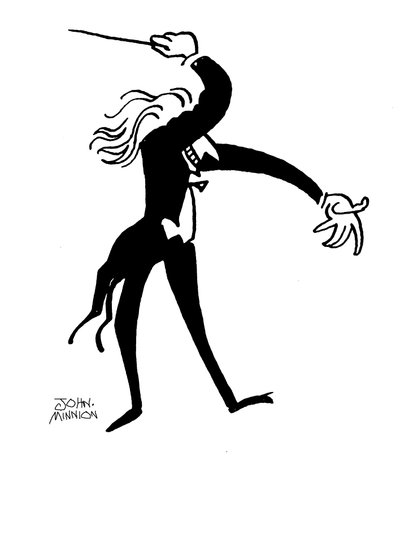 Caricatura de un director de orquesta dirigiendo dramáticamente de John Minnion