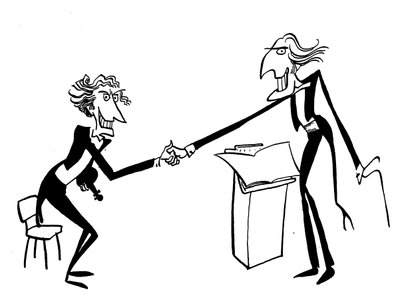 Caricatura de un director saludando al jefe de la orquesta de John Minnion