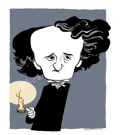Edgar Allan Poe - caricatura, sosteniendo un bastón de vela de John Minnion