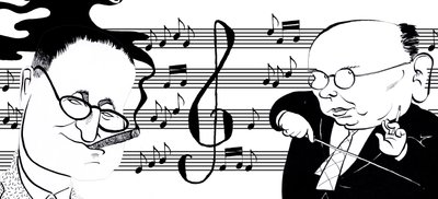 Hanns Eisler y Bertolt Brecht - collage de caricaturas de John Minnion