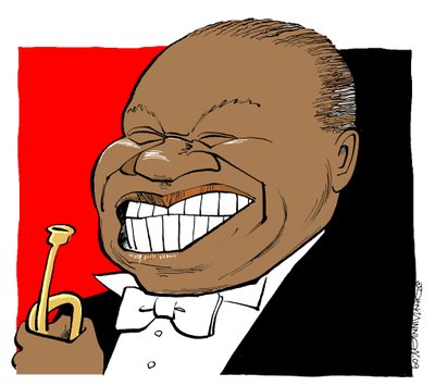 Louis Armstrong - caricatura, tocando la trompeta de John Minnion