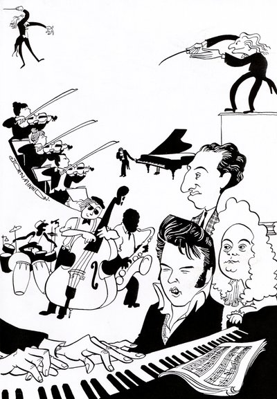 Fantasía musical - portada para libro o artículo de música - con directores, músicos, instrumentos, violín, batería, contrabajo, saxofón, piano, partitura, Elvis, Bach, de John Minnion