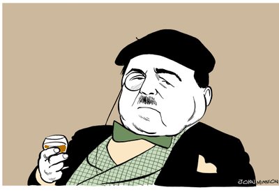 Reynaldo Hahn - caricatura del compositor y director de orquesta venezolano de origen alemán con una copa de vino de John Minnion
