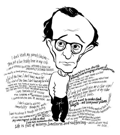 Caricatura de Woody Allen, director de cine, escritor, actor, cómico y dramaturgo estadounidense: b de John Minnion