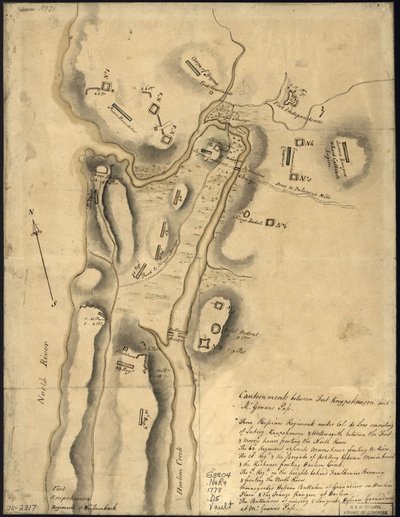 (Disposición de las tropas británicas, con fortificaciones al norte de Fort Knipehausen, es decir, de Fort Washington a Fort Independence. LOC gm71002317 de John Montresor