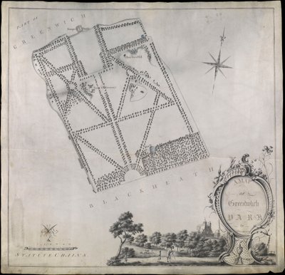 Plano de Greenwich Park, mostrando el Observatorio Real, One Tree Hill y la Casa del Guardabosques. de John Morton