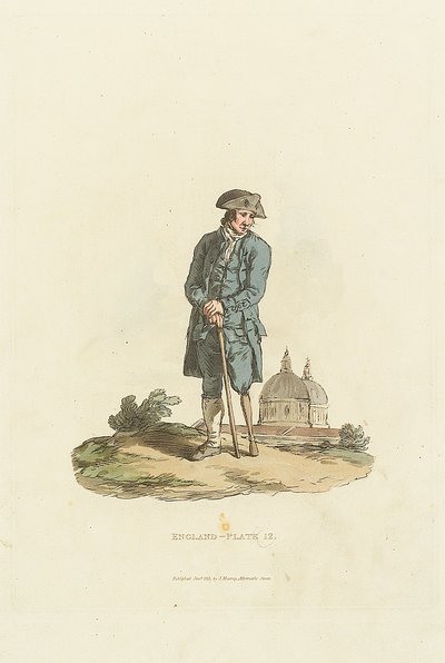 Inglaterra - Lámina 12. Un pensionista de Greenwich con una pata de palo apoyada en un bastón (aguatinta) de John Murray