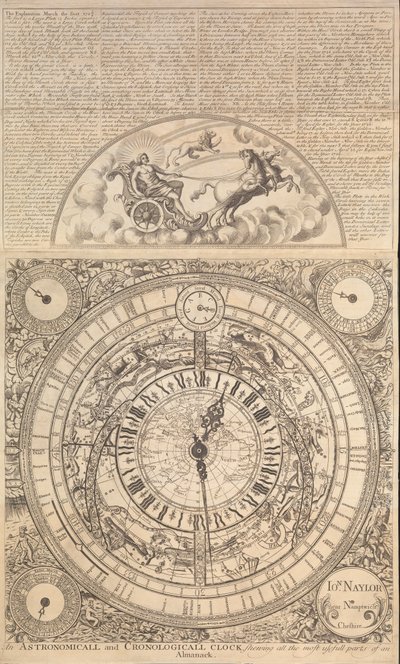 Un reloj astronómico y cronológico que muestra todas las partes más útiles de un almanaque (grabado) de John Naylor