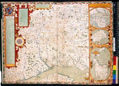 Agregar. 31853, ff.23-24, Southampton, Hampshire: Descripción de, por J. Norden, con mapa: 1595 (grabado en color) de John Norden