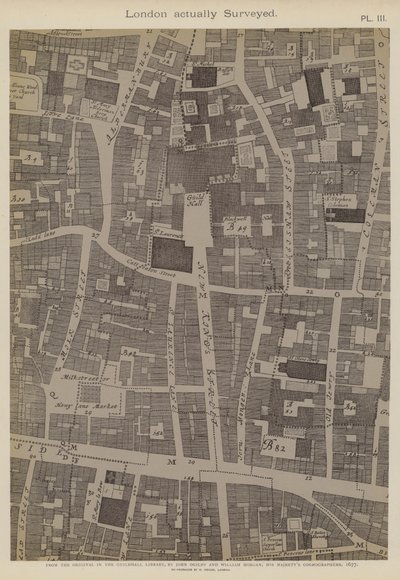Mapa de parte de la Ciudad de Londres, mostrando la ubicación de Guildhall de John Ogilby