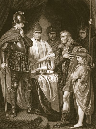 Baliol entregando su corona a Eduardo I, grabado por J. Parker, ilustración de 