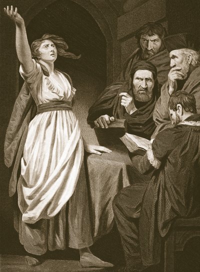 Juana de Arco declarando su misión, grabado por T. Holloway, ilustración de 